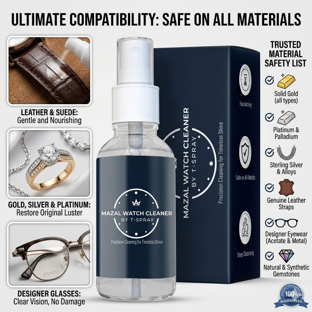 Mazal Watch and Jewelry Cleaner Spray kit. Cleaning Solution -Safe on All Metals, Crystals, Gold, Platinum, Precious Gemstones, Diamond Jewelry- Quick, Long Lasting Shine- TSA Approved 2oz