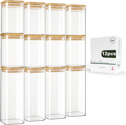 LIBWYS Square Glass Storage Jars - 12-Pack with Bamboo Lids | Stackable Food Containers for Pantry Organization (0.6Qt/1.06Qt)