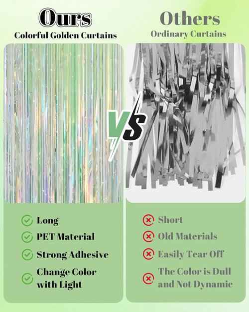 Iridescent Green Party Streamers Backdrop - 2 Pack Neon Holographic Tinsel Fringe Curtain | 3.31 x 6.6 ft
