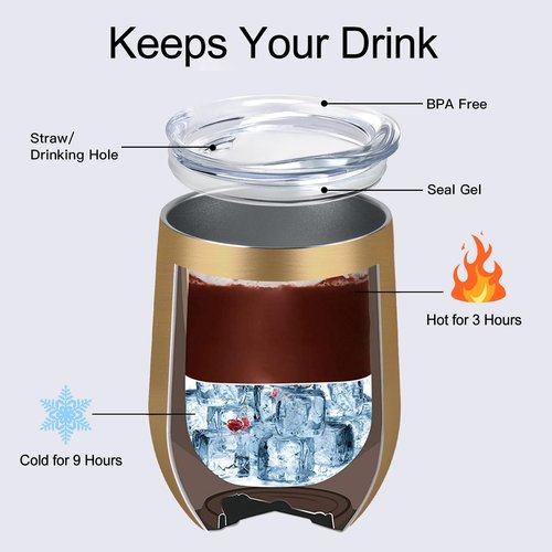Lifecapido 8 Pack 12oz Stainless Steel Wine Tumblers, Insulated Wine Tumbler, Double Wall Insulated Wine Glass, Stainless Steel Stemless Wine Cups with Lids for Coffee, Wine, Champaign, Gold