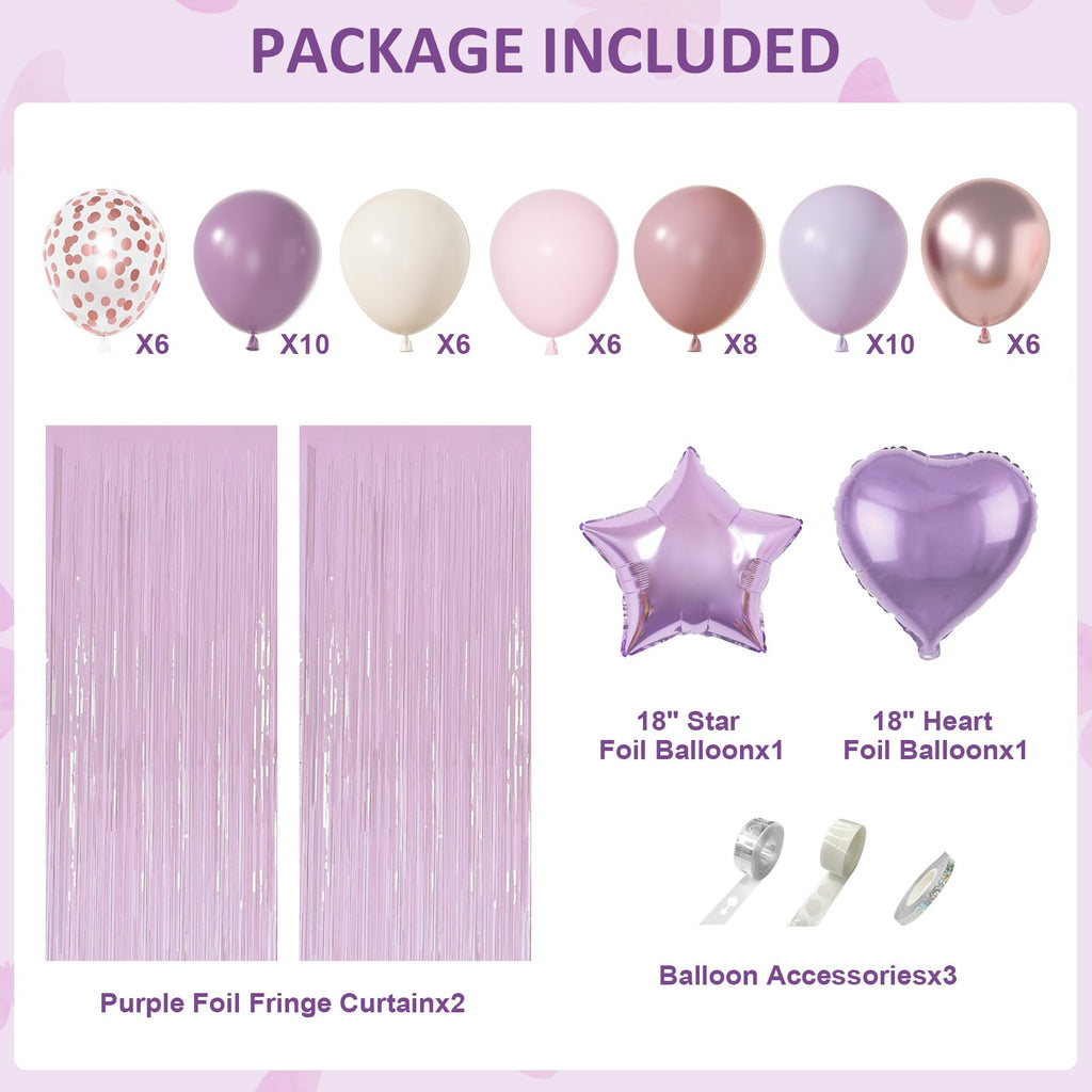Dusty Purple Birthday Party Decorations, Lavender Pink Sand Confetti Rose Gold Balloons Happy Birthday Banner Fringe Curtains Butterfly Hanging Swirls Circle Dots Tassels Pompoms for Women Girls Party