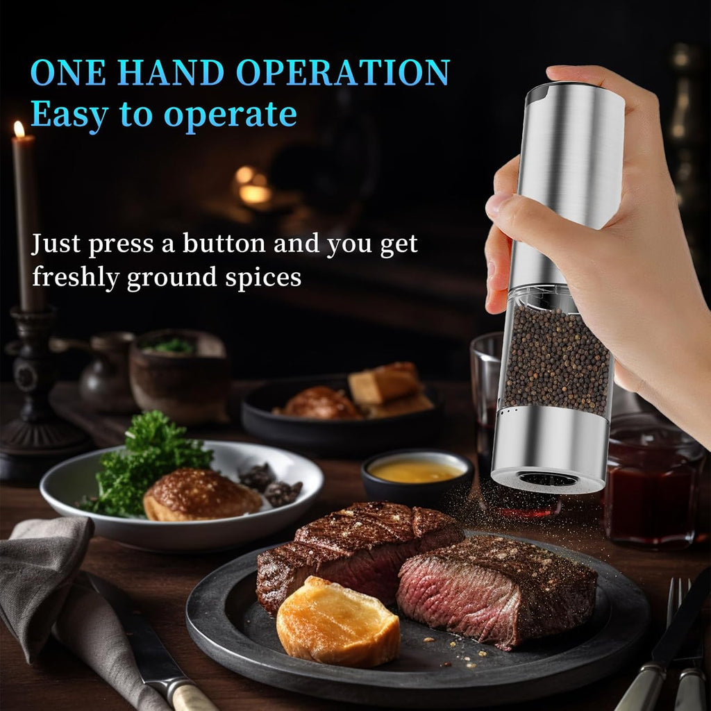 Skiennix Electric Salt and Pepper Grinder Set - Automatic Rechargeable Shakers with Adjustable Coarseness & LED Light