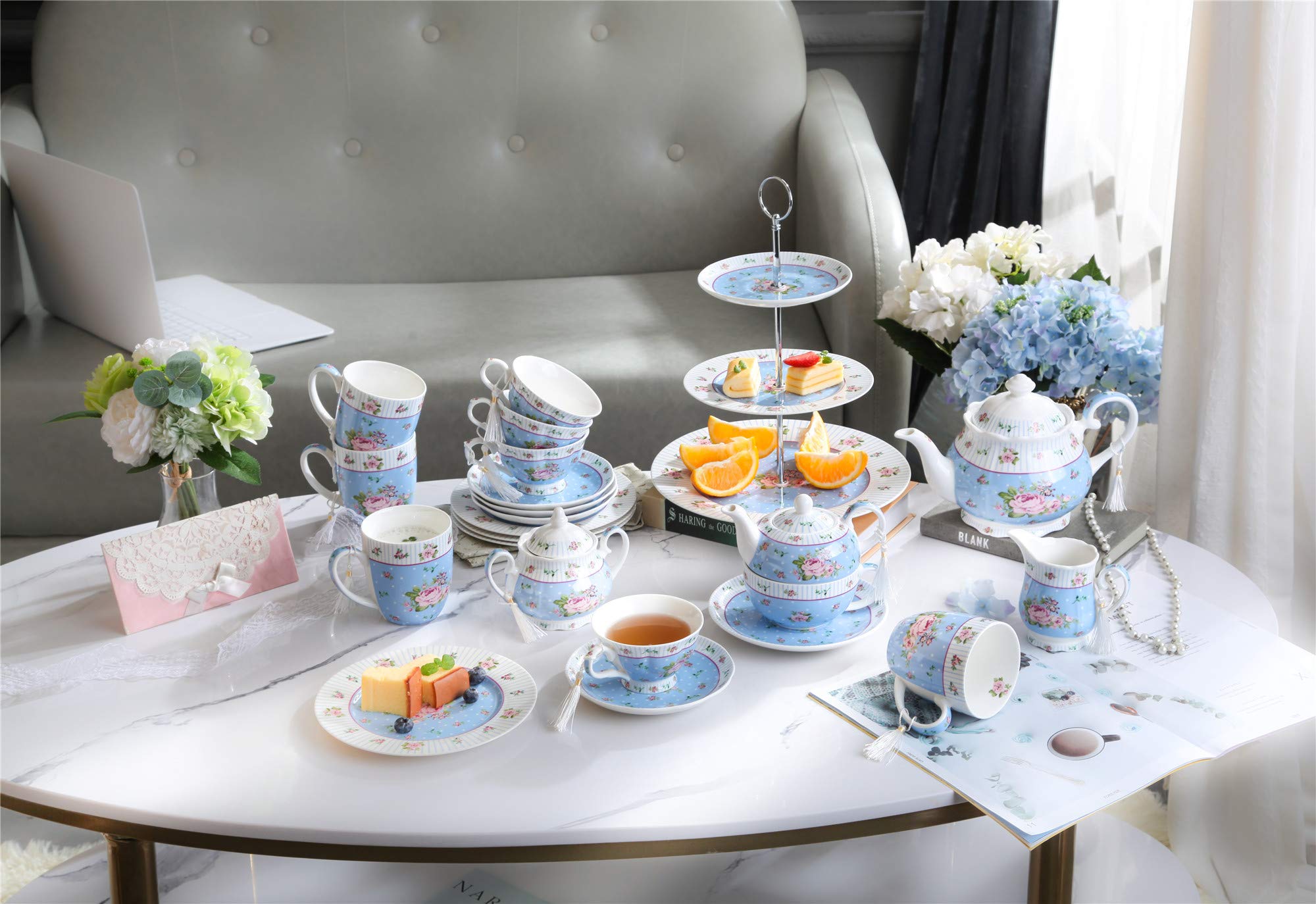 London Boutique Coffee Tea Cup and Saucer Set 4 Shabby Chic Vintage Porcelain Bird Butterfly Flora Gift Box 7.5OZ (Rose Blue)