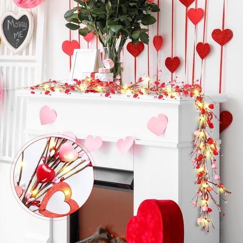 6.5 Ft Valentine's Day Garland Red Pink White Berry Heart Garland with LED Lights Artificial Vine for Valentines Wedding Anniversary Fireplace Mantel Table Home Wall Indoor Party Decor