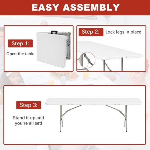 Elevon Folding Table, 8 Feet Heavy Duty Fold-in-Half Utility Table Indoor Outdoor for Camping, Picnic, Party