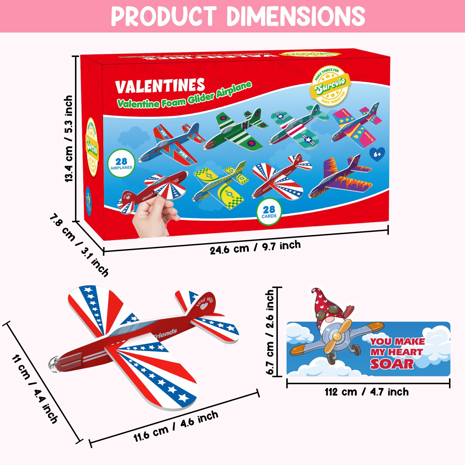 SURCVIO 28 Pack Valentines Day Gifts for Kids, Foam Airplanes Party Favor Set with Valentines Greeting Cards for Kids, Valentine's Day School Prize Party Favor, Classroom Exchange Gift Set