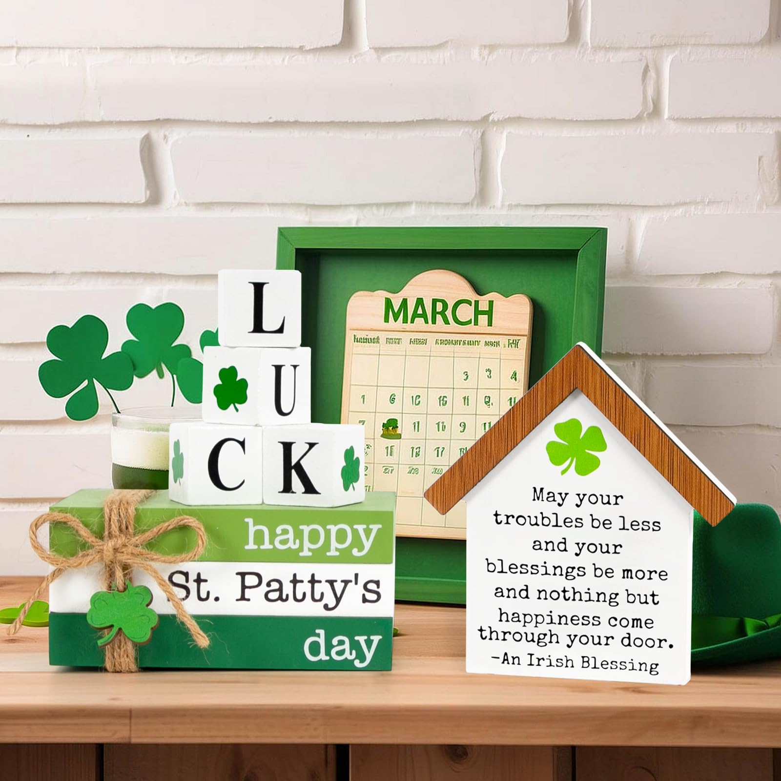 DAZONGE St. Patrick's Day Decorations, 6PCS St. Patrick's Day Tiered Tray Decor, Happy St. Patty’s Day Book Stack, Shamrock LUCK Blocks, St. Patrick's Day Signs for Home Table Shelf Decor