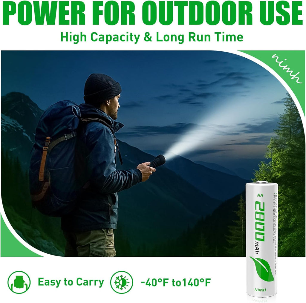 Rechargeable AA Batteries 8-Pack | 2800mAh High-Capacity NiMH | Long-Lasting & Pre-Charged - 1.2V
