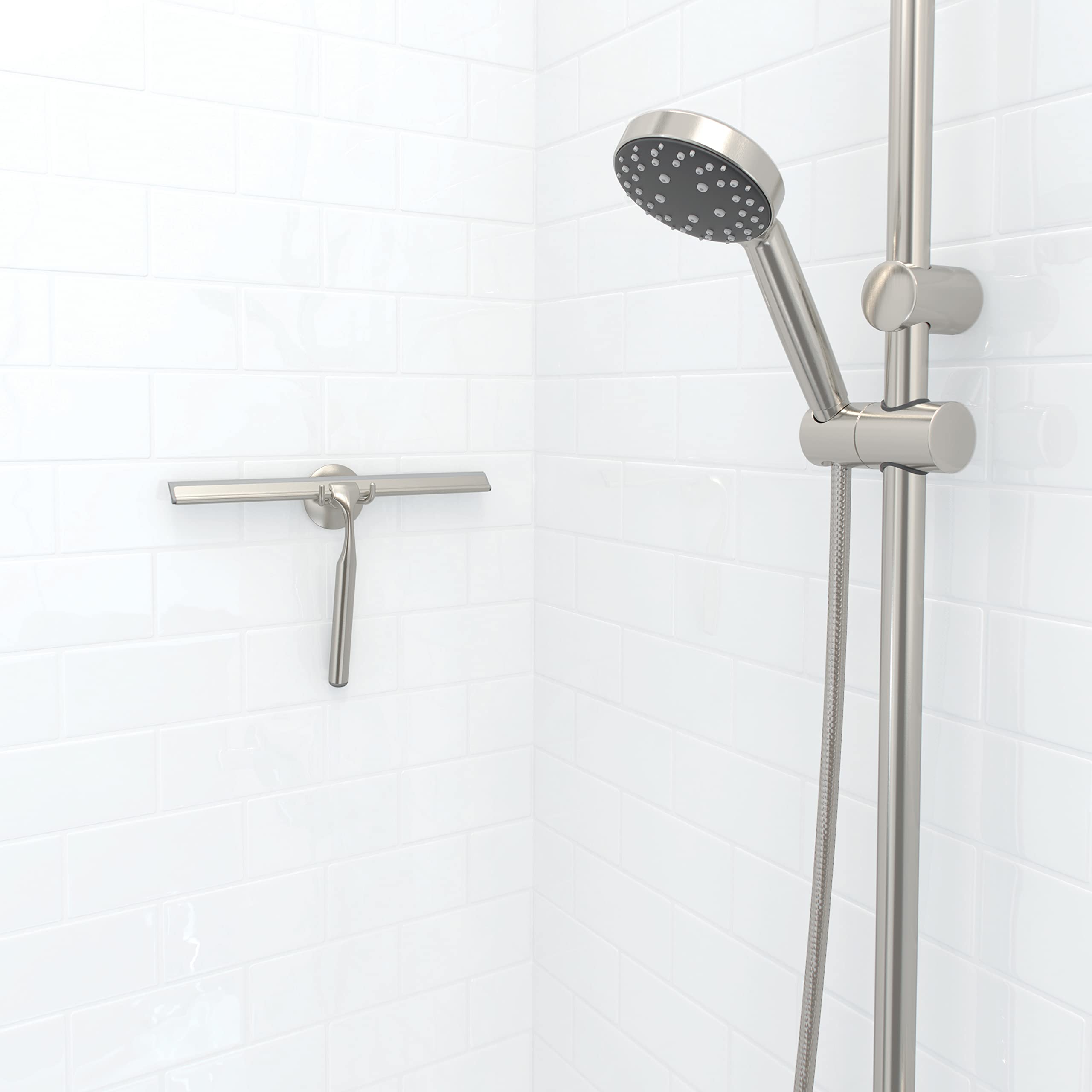 Better Living Deluxe XL Shower Squeegee, Multi-Purpose Silicone Squeegee Blade with Storage Hook, Rust-Proof Heavy Duty Window, Glass, Shower Scrubber, Windshield Wiper, 12", Brushed Nickel