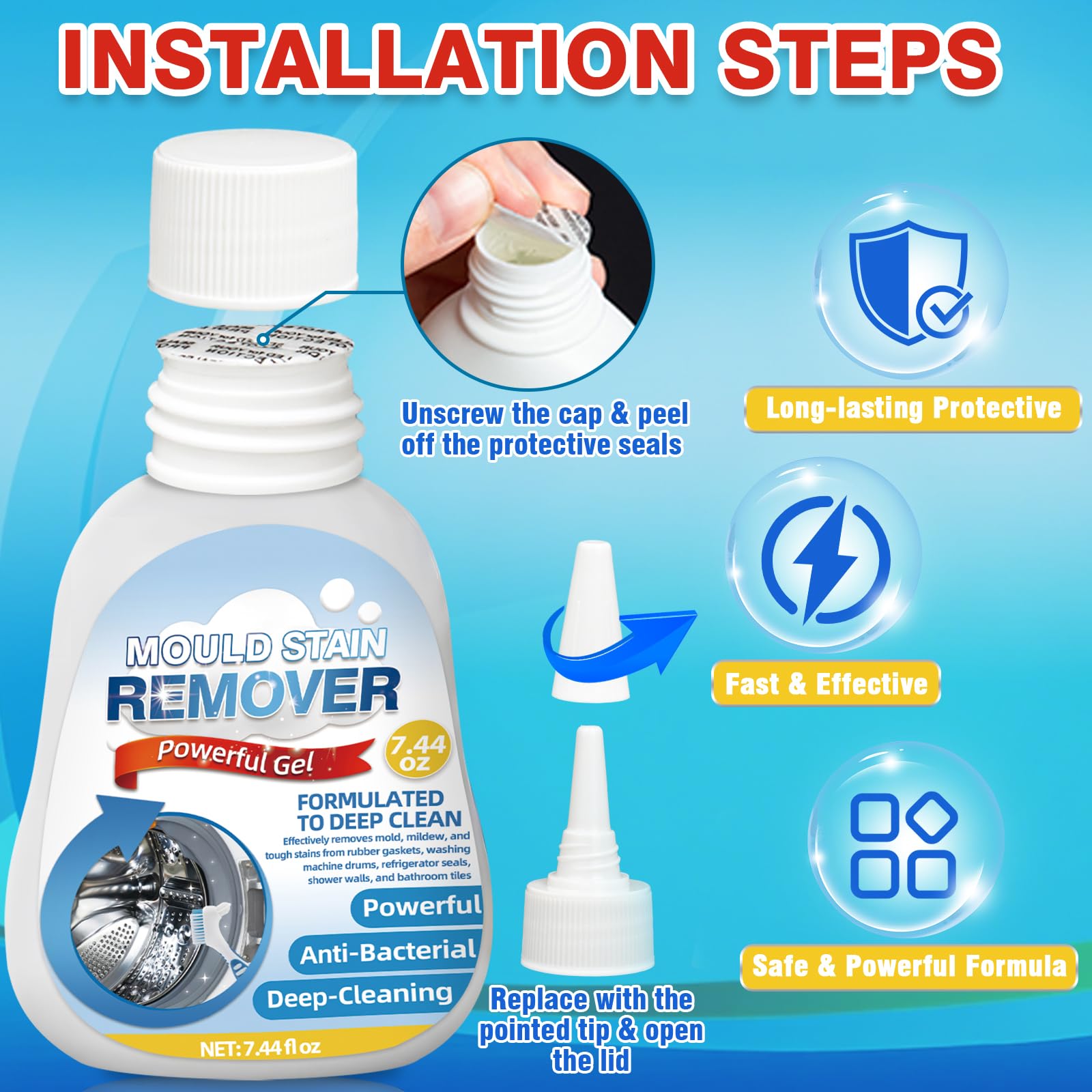 Melanther Mold Remover Gel – Effective Washing Machine Cleaner for Gasket, Mold Stain Remover Gel for Bathroom, Grout, Tile, Shower, Sink, Caulk - All-Purpose Household Cleaner Gel