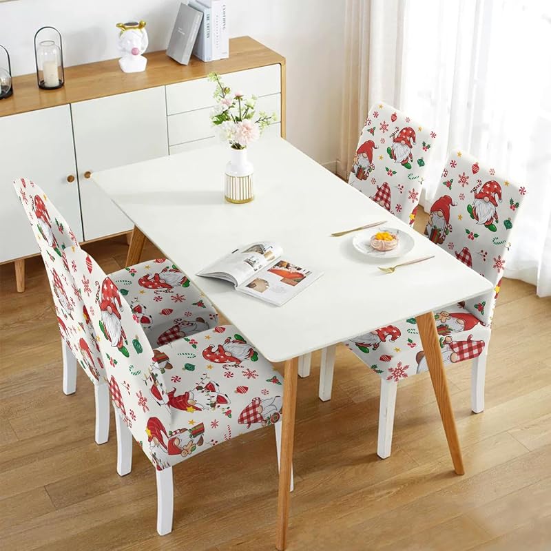 Christmas Gnome Chair Covers Set of 4 - Winter Snowflake Holly Elastic Dining Chair Covers (Variation: Christmas Gnome+4 Pieces)