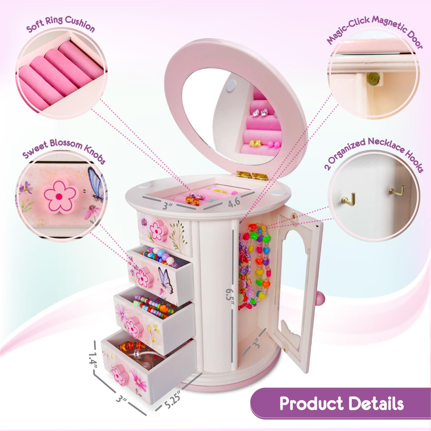 Tiny Gem - Spinning Jewelry Box for Girls Ages 2-18; Little Girl and Toddler Birthday and Christmas Gift; Flower and Butterfly White and Pink Wood Jewelry Box and Organizer; Room Decor for Accessories