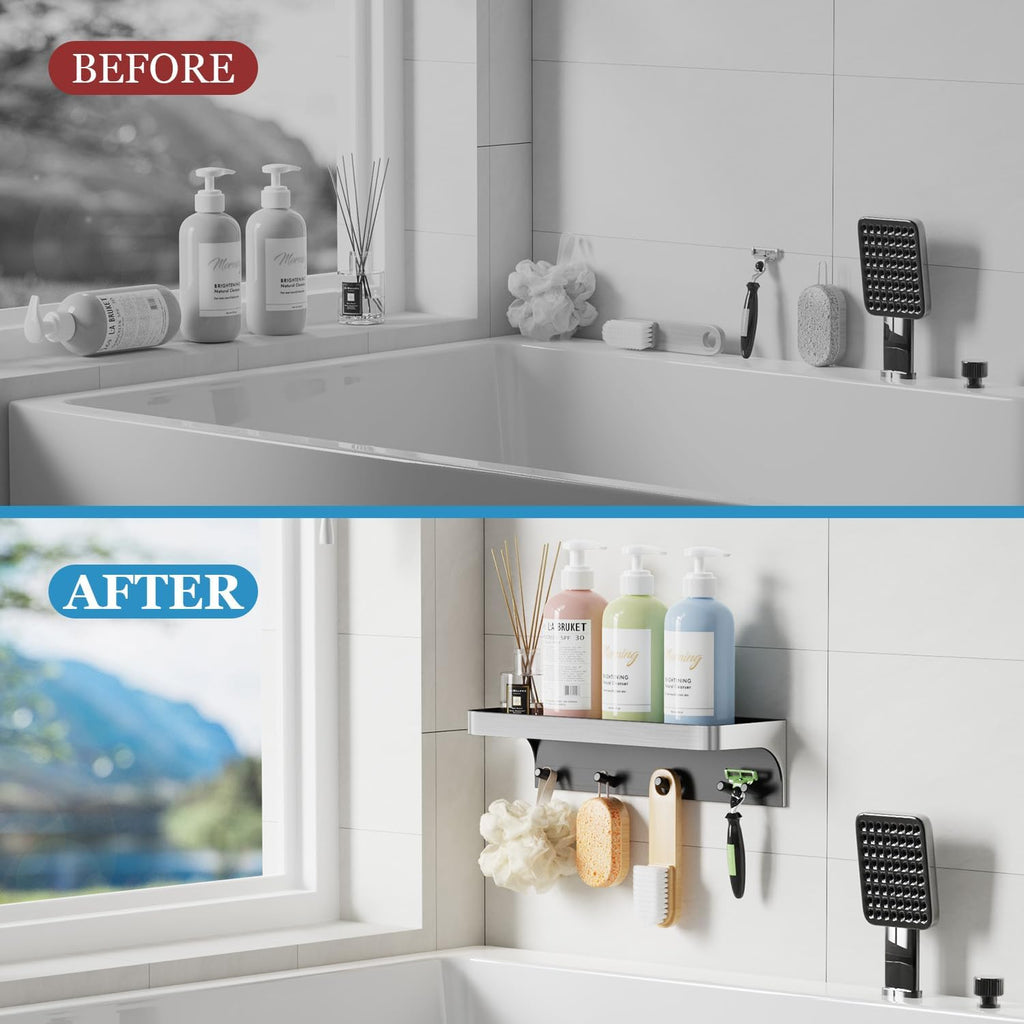 Skiennix Shower Caddy - Adhesive Bathroom Organizer with Hooks | Rustproof Silver Design