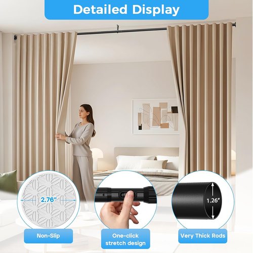AIZESI Heavy Duty Black Tension Curtain Rod | Adjustable 41-144 Inch - No Drilling, Rust-Resistant for Indoor/Outdoor Use
