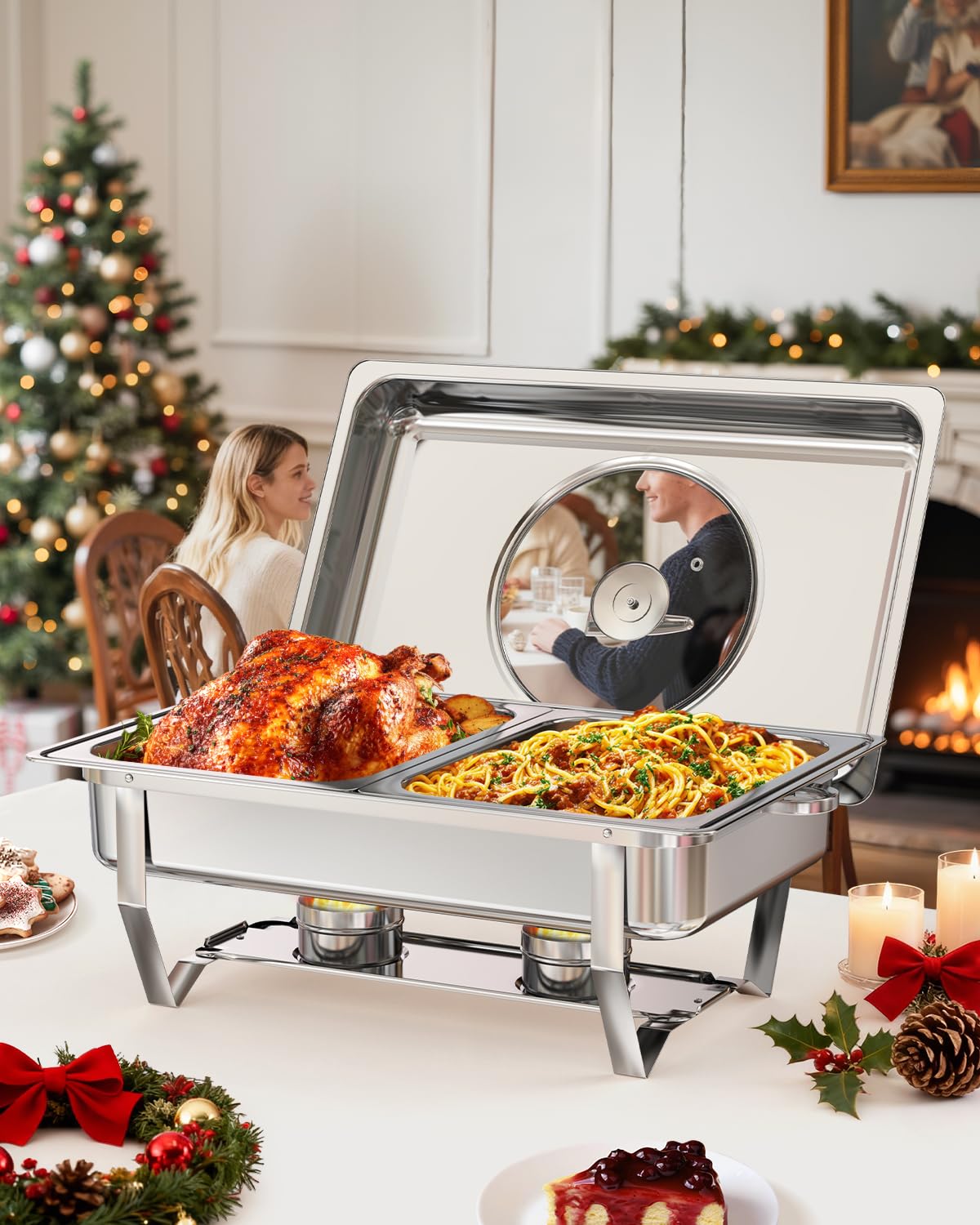 WARMOUNTS Rectangular Chafing Dishes for Buffet with Glass Lid (9QT, 2 Pack), Large Chafers and Buffet Warmers Set w/Mirror-Polished Stainless Steel, Rolled Rim, Lid Holder, Foldable Frame for Party