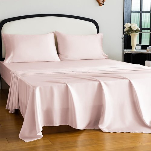 Homilay Tencel Lyocell 4 Pieces Queen Sheet Set, Silky Soft, Cooling & Wrinkle-Free - Oeko-TEX Certified - Deep Pocket Fits 16" Mattress, Marshmallow Pink