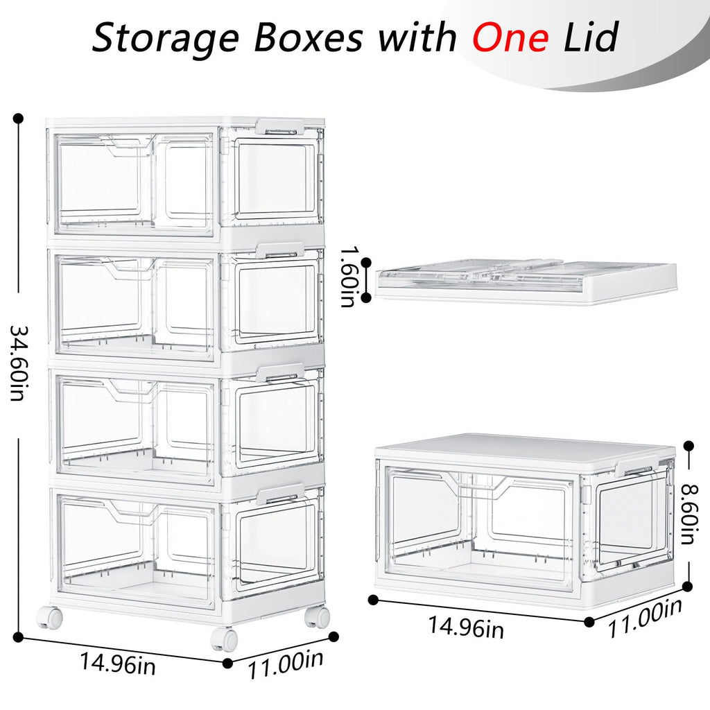 SNSLXH Portable Clear Storage Bins with Lid & Wheels, 24QT Clear Storage Bins with Lid, 4-Tier Plastic Bins with Wheels, Stackable, Magnetic Doors, for Bedroom, Living Room, Office