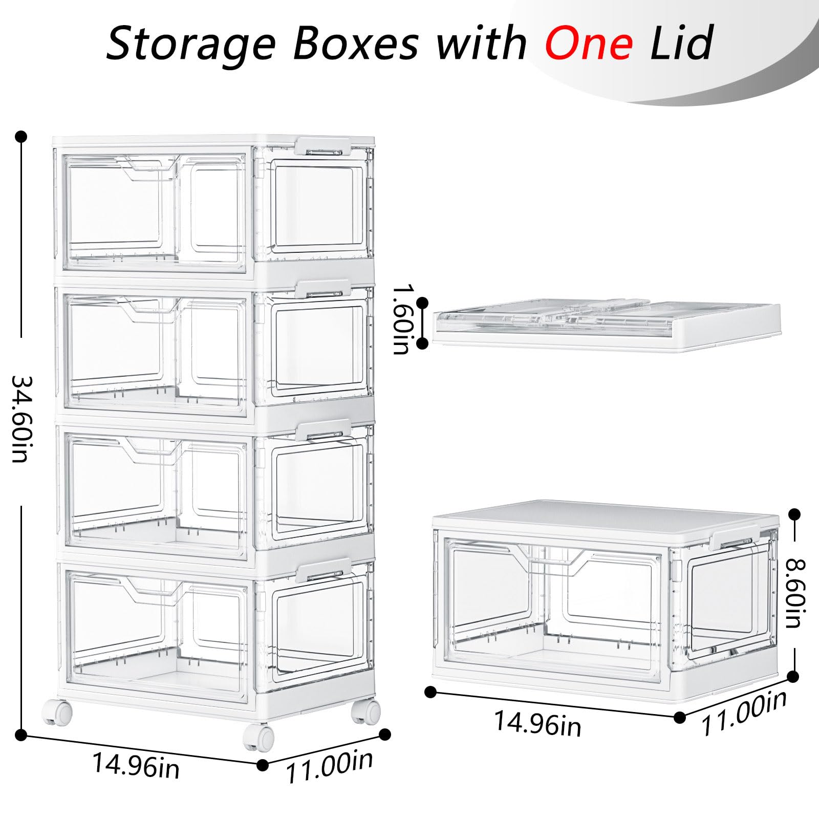 SNSLXH Portable Clear Storage Bins with Lid & Wheels, 24QT Clear Storage Bins with Lid, 4-Tier Plastic Bins with Wheels, Stackable, Magnetic Doors, for Bedroom, Living Room, Office
