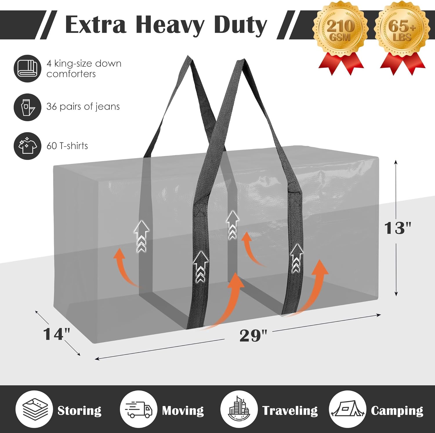 Skiennix Extra Large Heavy Duty Moving Bags - Reinforced Zipper & Wide Handles | Moisture-Resistant Storage for Clothes & Travel - Black, 6 Pack