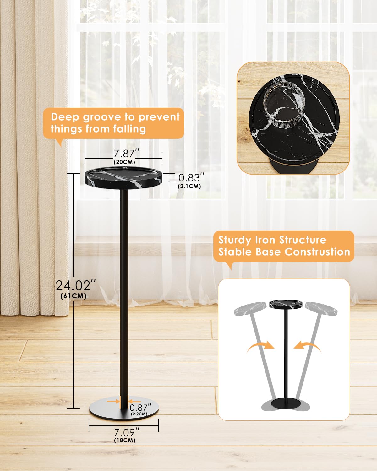 AEPOALUA Drink Table, Small Pedestal Side Table, Round Cocktail Table, Circle Accent End Table with Metal Base, for Small Spaces (1, Black Marble)