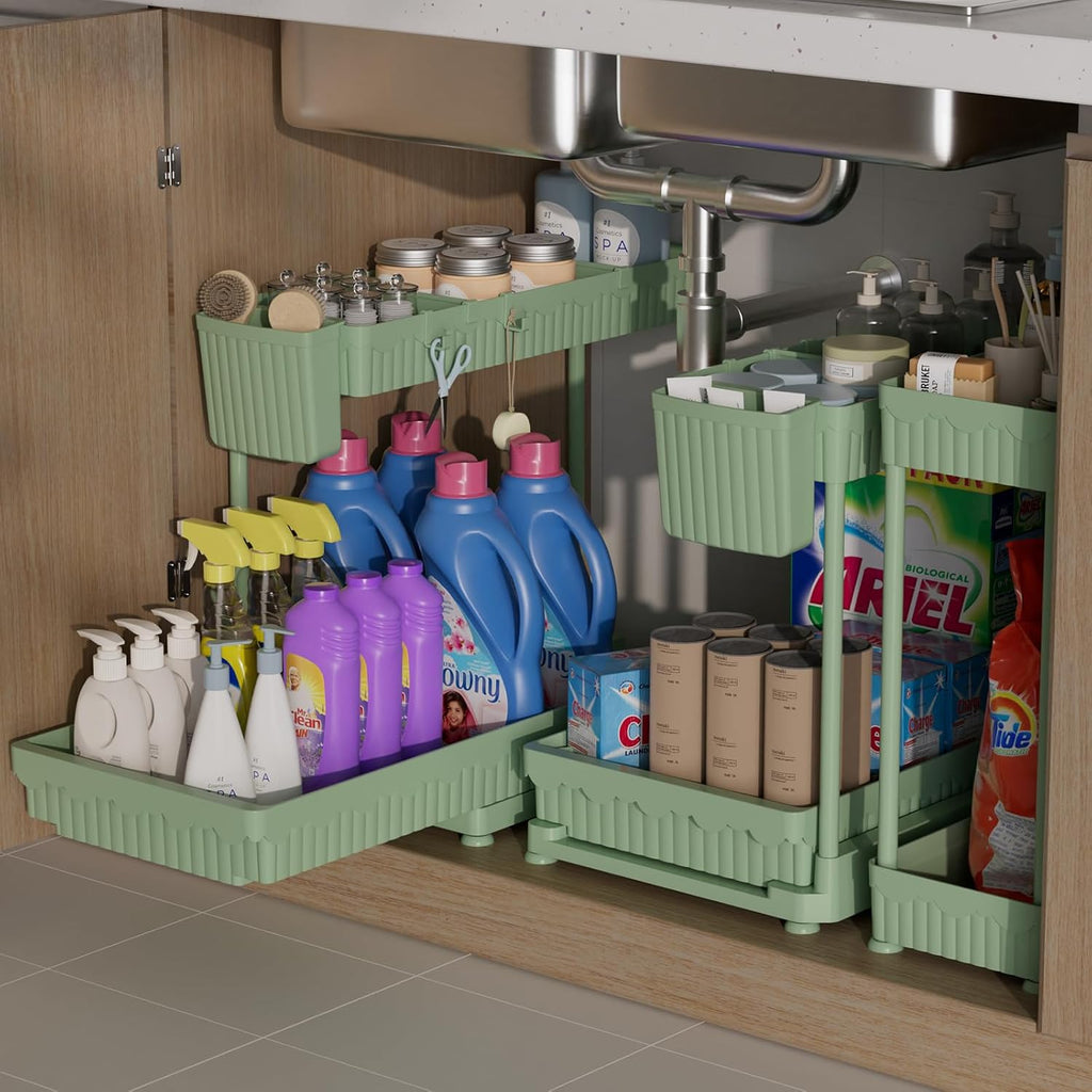 Sevenblue Multi-Purpose Under Sink Organizers - L-Shaped Pull-Out Cabinet Storage (Green, 14.85 Inch)