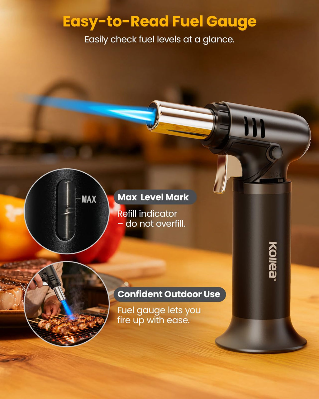 Kollea Butane Torch with Fuel Gauge T907, One-hand Operation Culinary Blow Torch Lighter with Safety Lock & Adjustable Flame for Cooking, Baking, Creme Brulee, Food Desserts (Butane Gas Not Included)