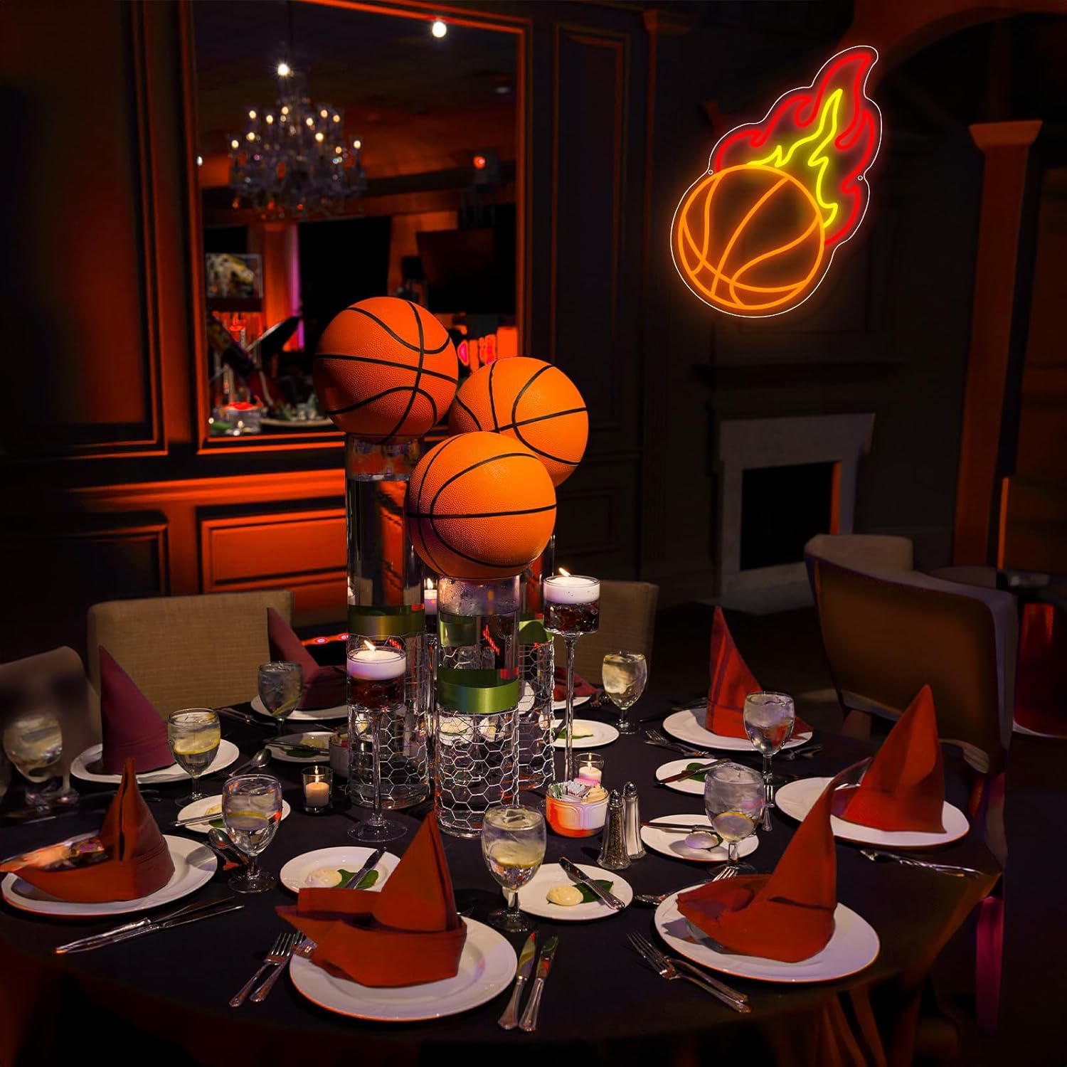 Skiennix Basketball Neon Sign - Dimmable LED Flame Light for Boys' Bedroom | Orange, Red, Yellow Decor