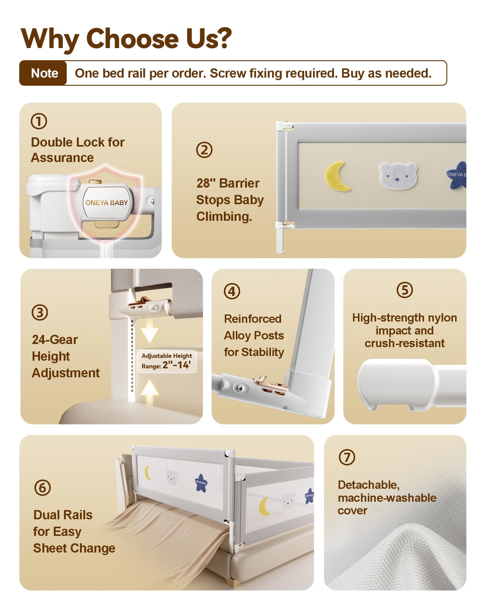 Baby Bed Rail Guard for Toddlers, Reinforced 74.8in Toddler Bed Rails for Twin, Full, King Bed with Height Adjustable, Extral Tall Child Safety Side Railing Guards/Bedrail for Kids, Grey Star, 1 Side