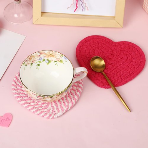 UPINS 6Pcs Valentines Heart Coasters,Handmade Braided Cotton Red Pink White Heart Coasters Valentine’s Day Drink Accessories