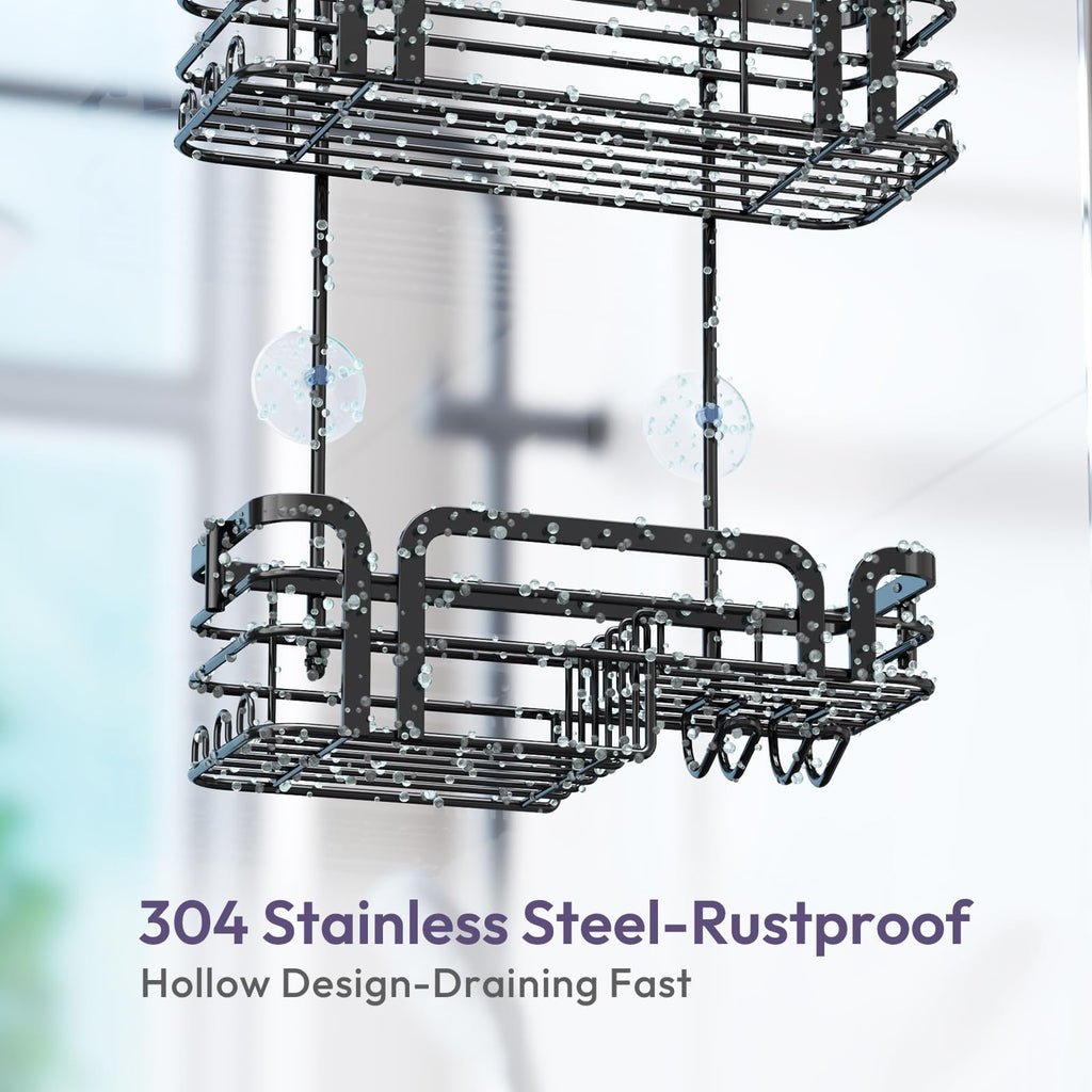 SWTYMIKI Shower Caddy Hanging Organizer - Over the Door Shower Caddy with Soap Holder, 11 Hooks, 2 Installation Ways, Stainless Steel Rustproof Bathroom Organizer, Black