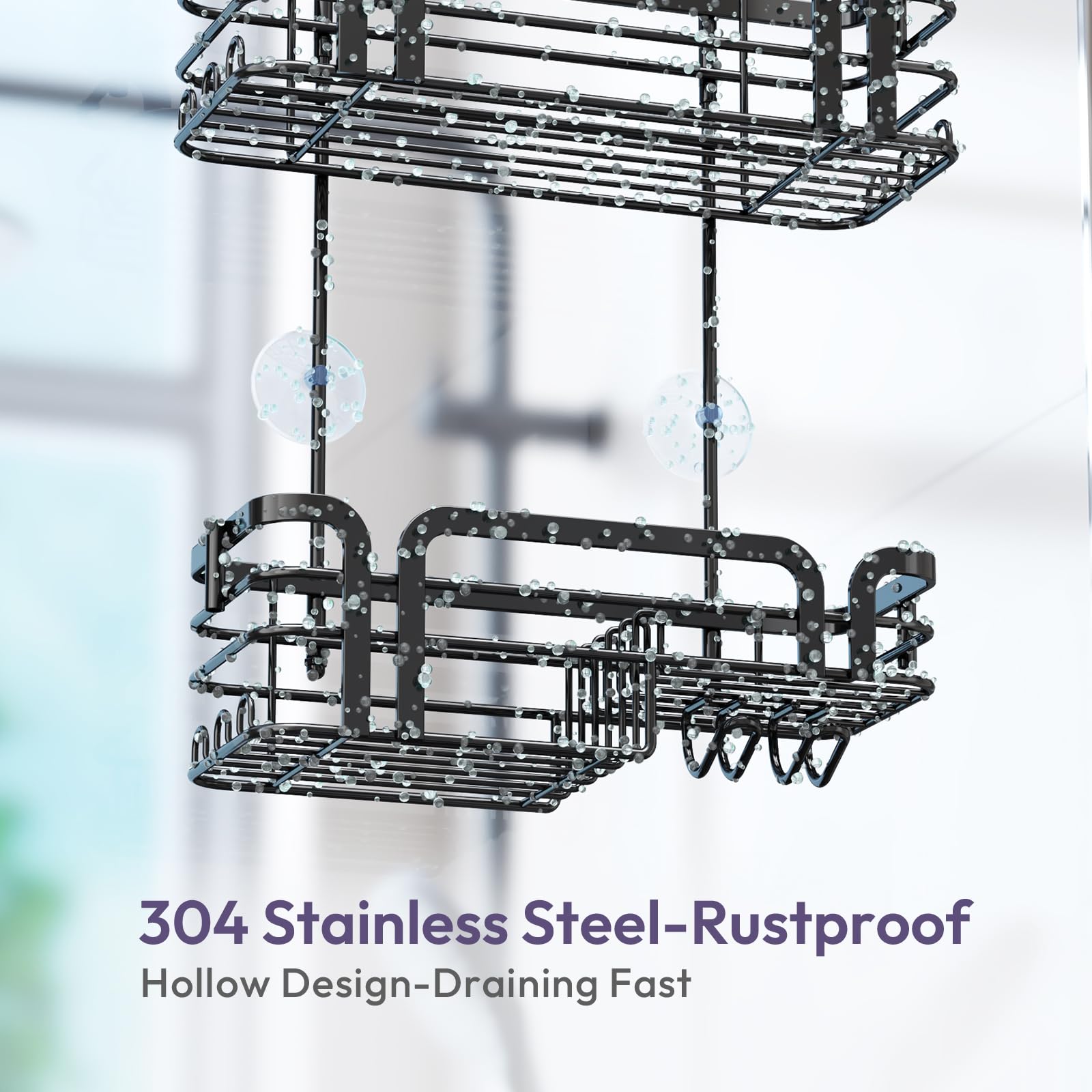 SWTYMIKI Shower Caddy Hanging Organizer - Over the Door Shower Caddy with Soap Holder, 11 Hooks, 2 Installation Ways, Stainless Steel Rustproof Bathroom Organizer, Black