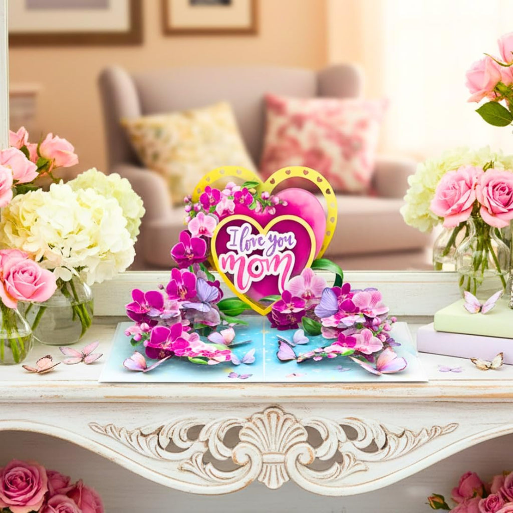 Regine Switzerland 3D Pop-Up Mother's Day Card - "I Love You Mom" Orchid Design | Premium Greeting Card with Envelope