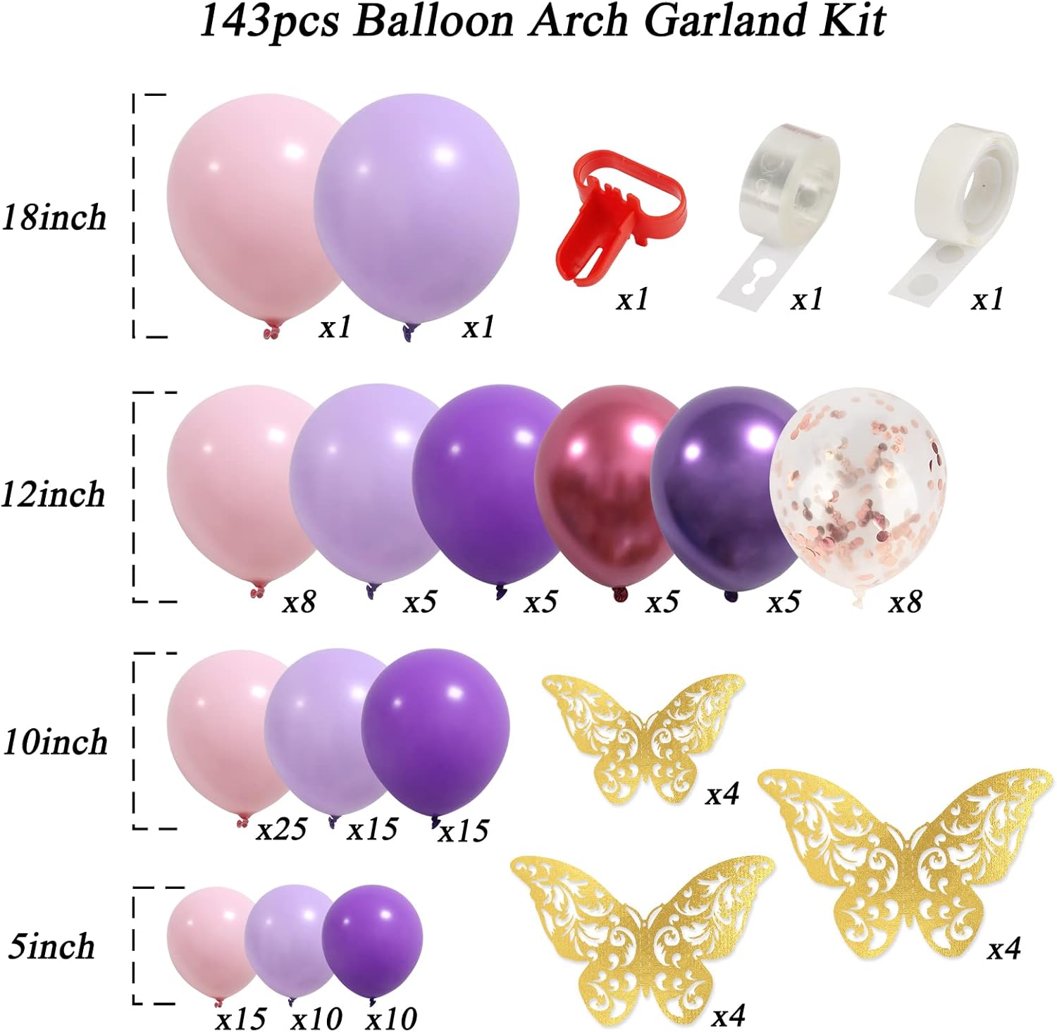 RUBFAC Balloon Garland Kit - 143pcs Pink & Purple with Butterfly Stickers | Perfect for Baby Showers & Parties