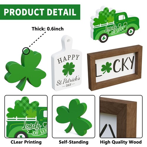 St. Patrick's Day Tiered Tray Decor set - 5 Pcs Shamrock Wooden Signs Lucky Decor Bead Garland, St. Patricks Day Decorations for Home Kitchen Table Party Decorations