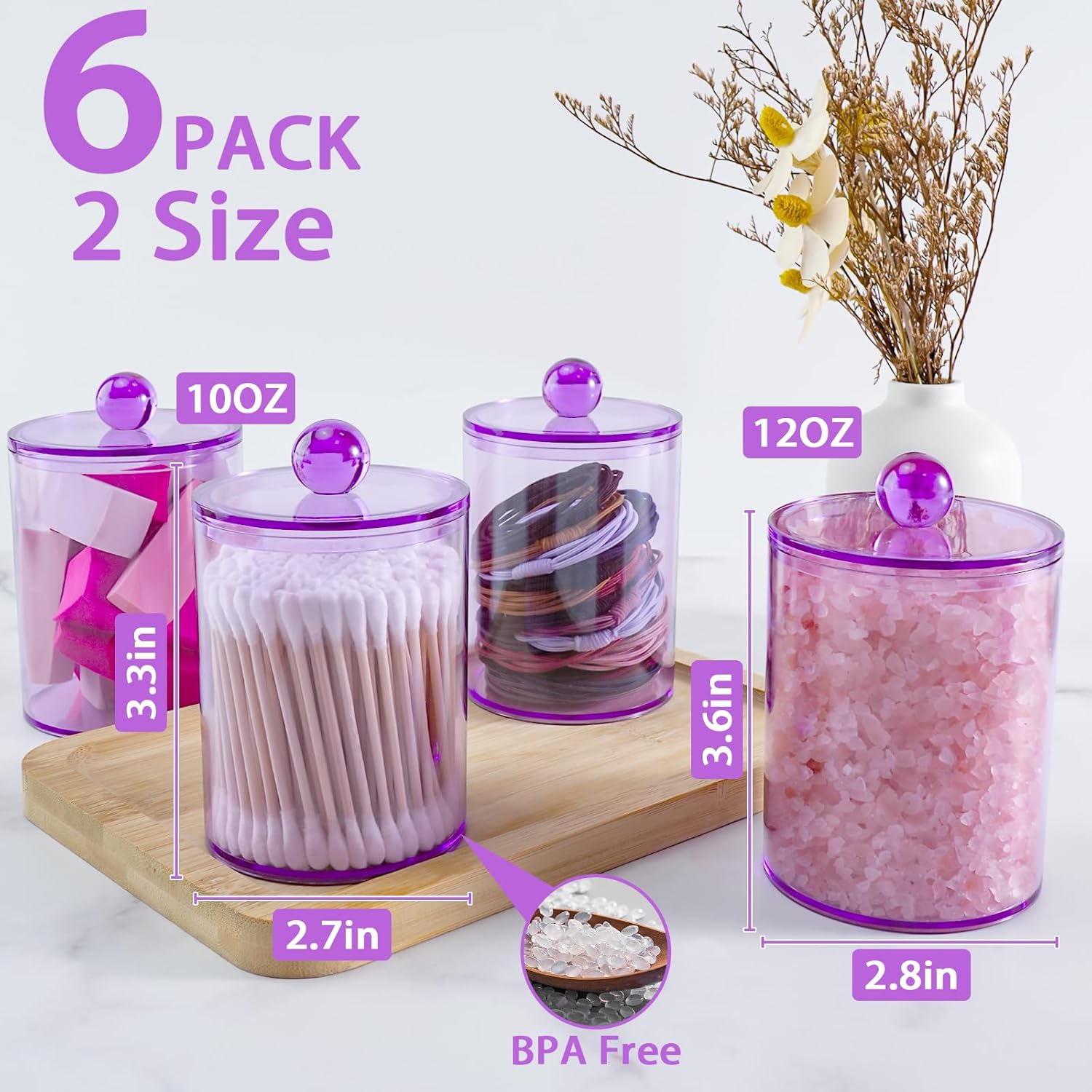 XIPENGKEJI Qtip Holder Set - 6 Pack Apothecary Jars with Lids for Cotton Swabs & Pads | 10oz-12oz Purple