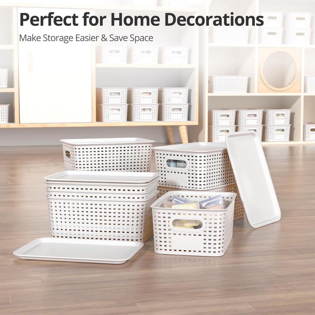 Plastic Storage Basket with Lid - Stackable Organizing Bins for Home & Office | 10.2x7.2x4.1 Inch, White, 8 Pack