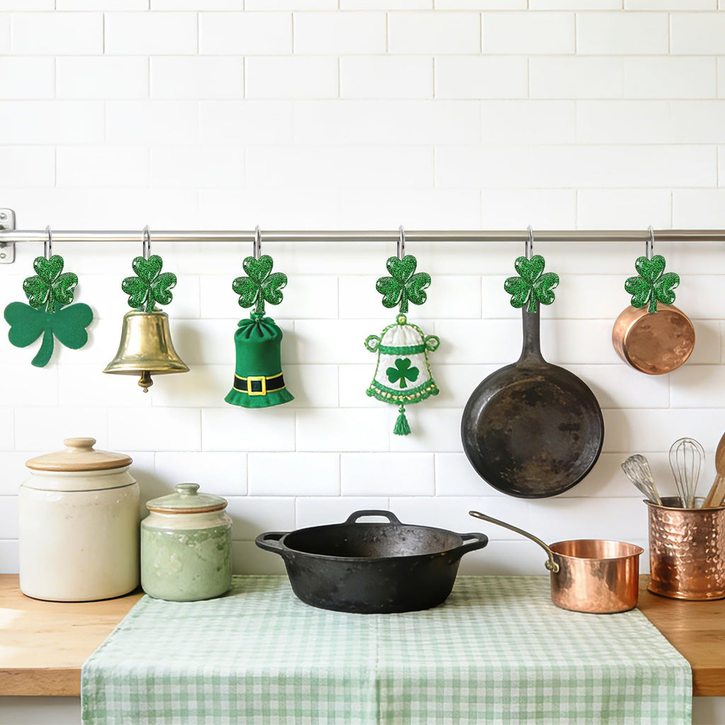 BOARDFEB Sparkling Shamrock Shower Curtain Hooks, 12Pcs St. Patrick's Day Decor with Glitter Clover Design for Festive Bathroom Party Accents