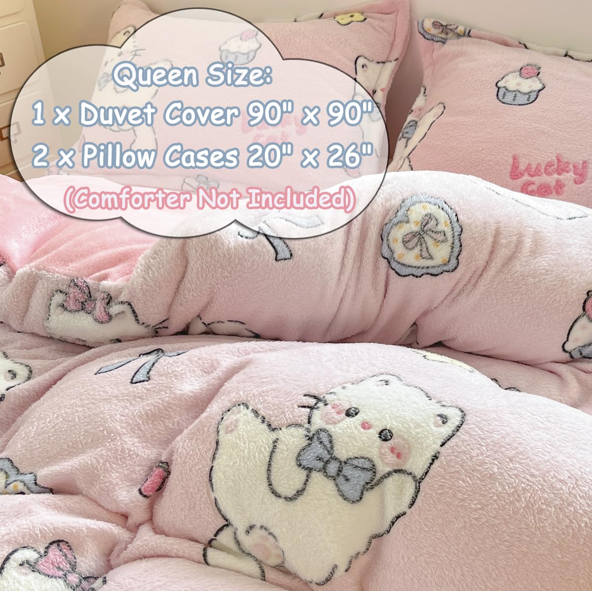 LMONMOO Pink Duvet Cover Queen, Bunny Cake Kawaii Bedding Sets, Ultra Soft Cute Fluffy Comforter Covers Set for Girls Kids Women Teen(Cake, Queen)