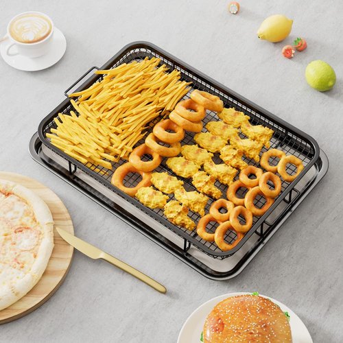 Air Fryer Basket for Oven, Large 15.7" × 11.6" Air Fryer Pans for Convection Oven with 30 Sheet Parchment Papers, THORSES Non-Stick Stainless Steel Air Fryer Basket and Tray for Multi Cooking - Black