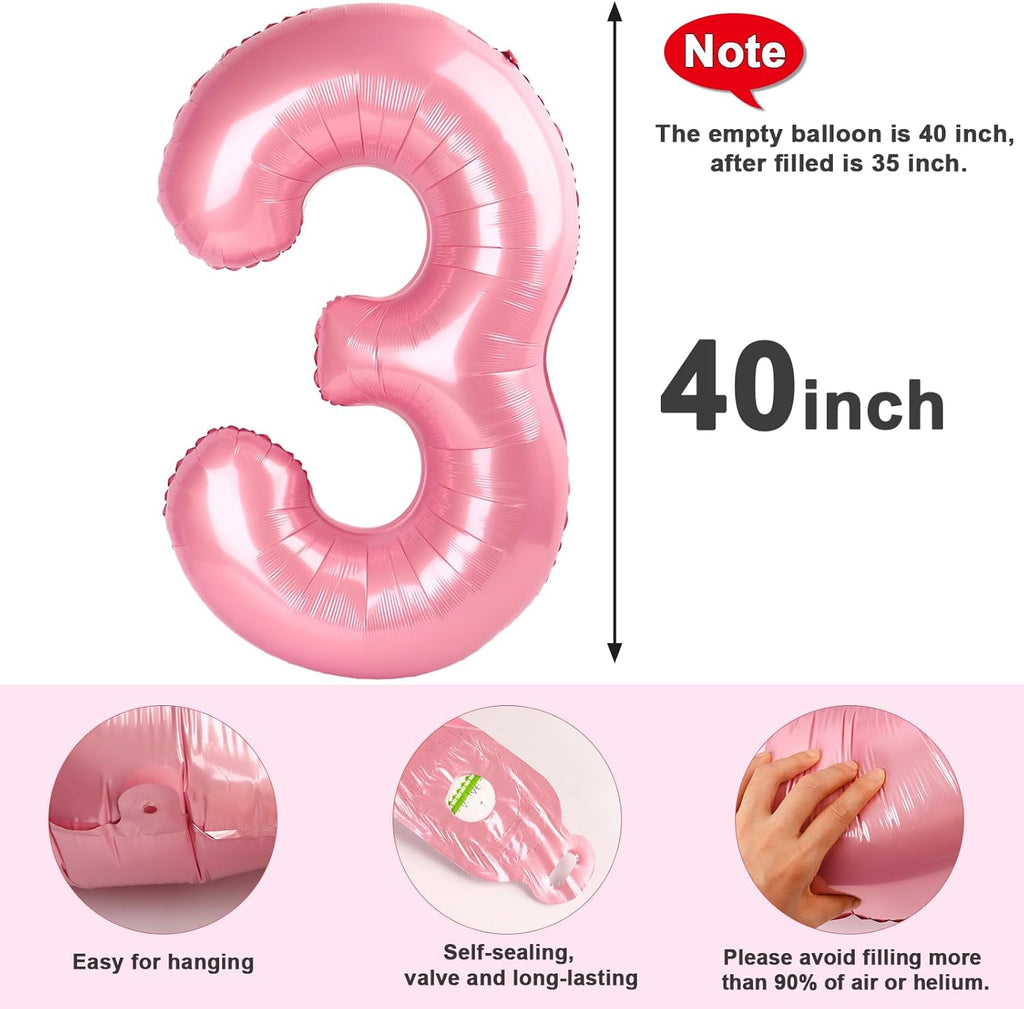 Numbers Balloon - 40 Inch Large Pastel Pink Balloon for 3rd Birthday Party Decorations