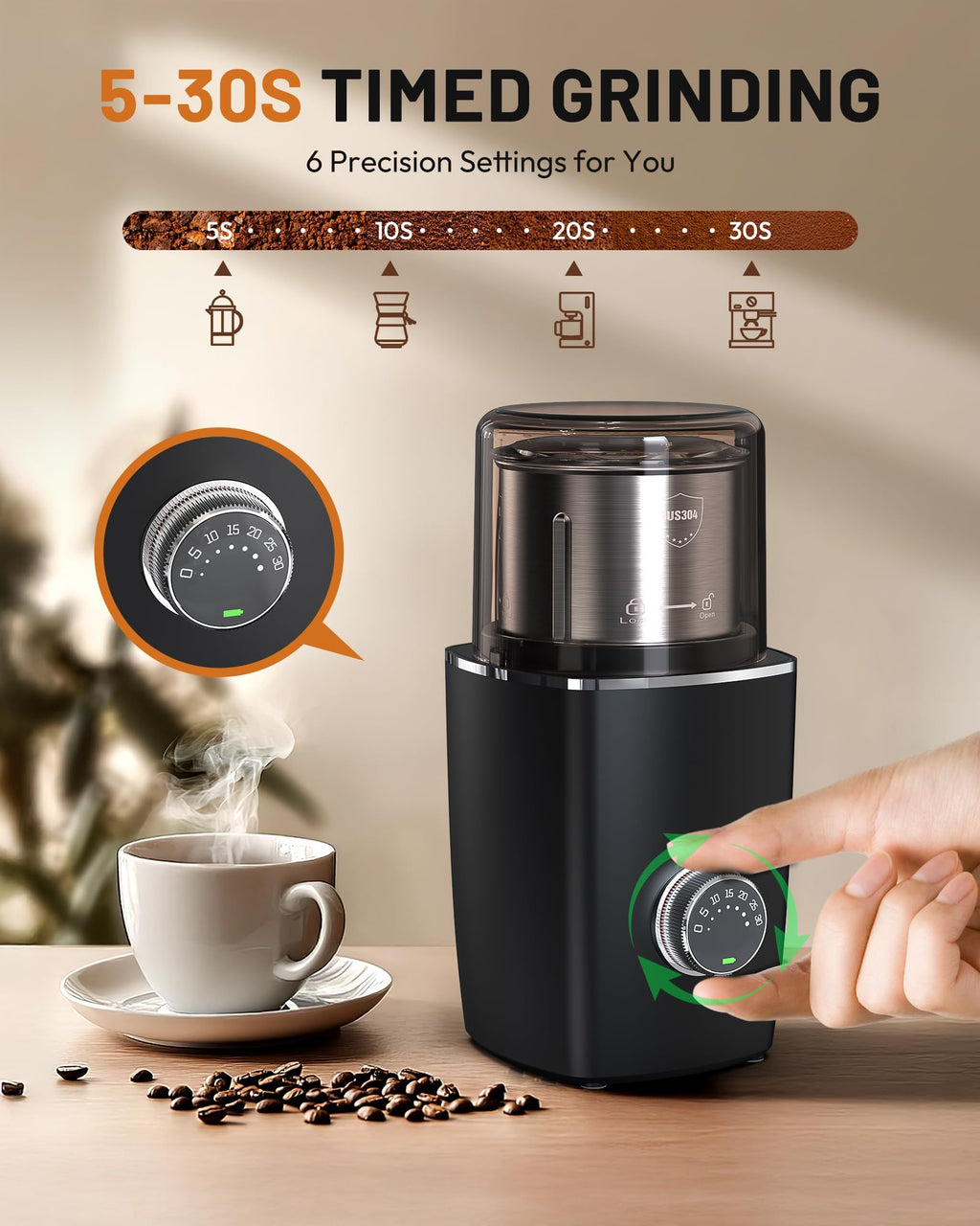 CEVING Hands-Free Blade Coffee Grinder, Cordless Coffee Mill with 5-30S Adjustable Grinding, Triple-Lock Safety & 1500mAh Rechargeable Battery with Removable Bowl, Portable for Camping, Travel, etc.