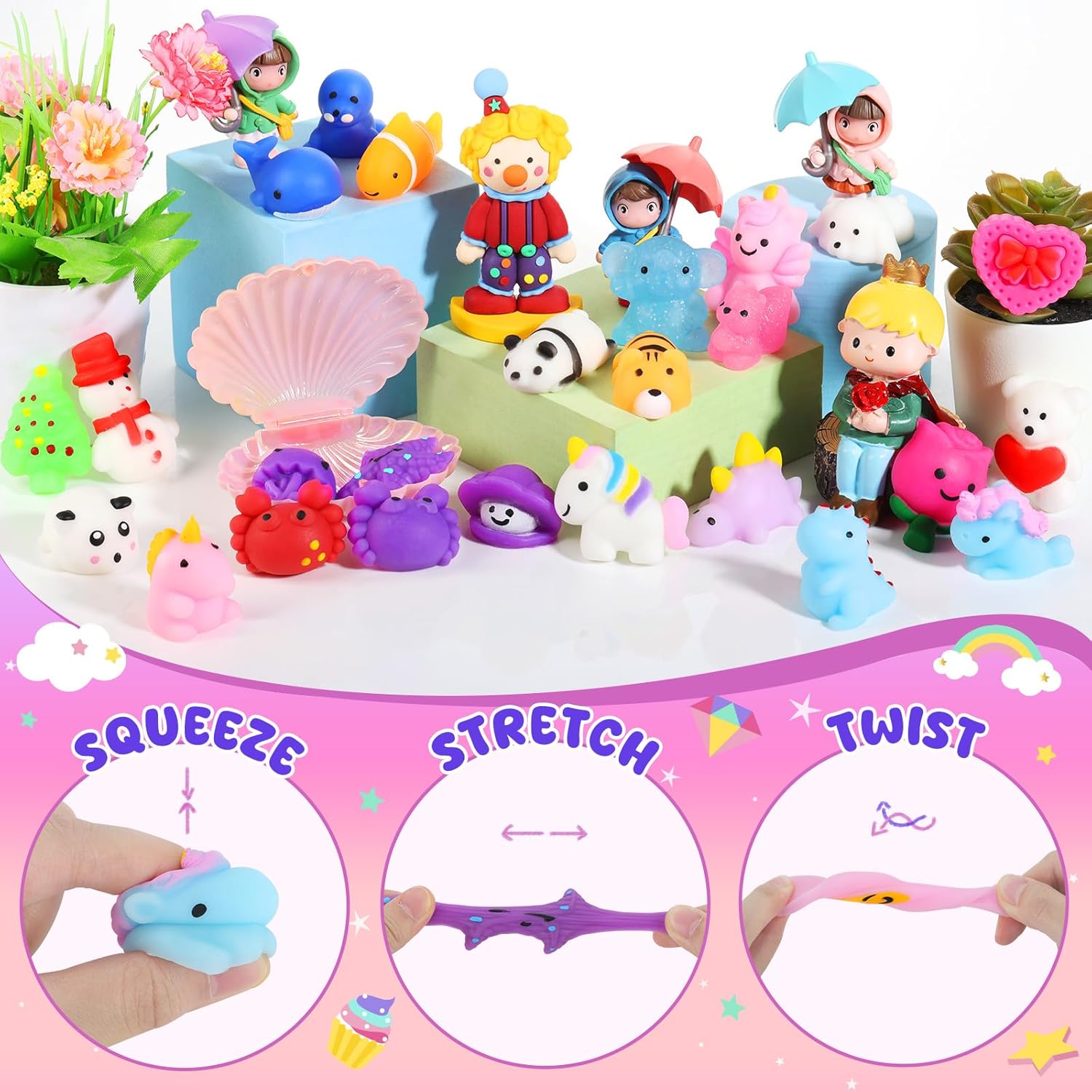 Zefy 80 Pcs Mochi Squishy Toys - Fun Fidget Toys for Kids | Perfect for Parties, Goodie Bags & Prizes