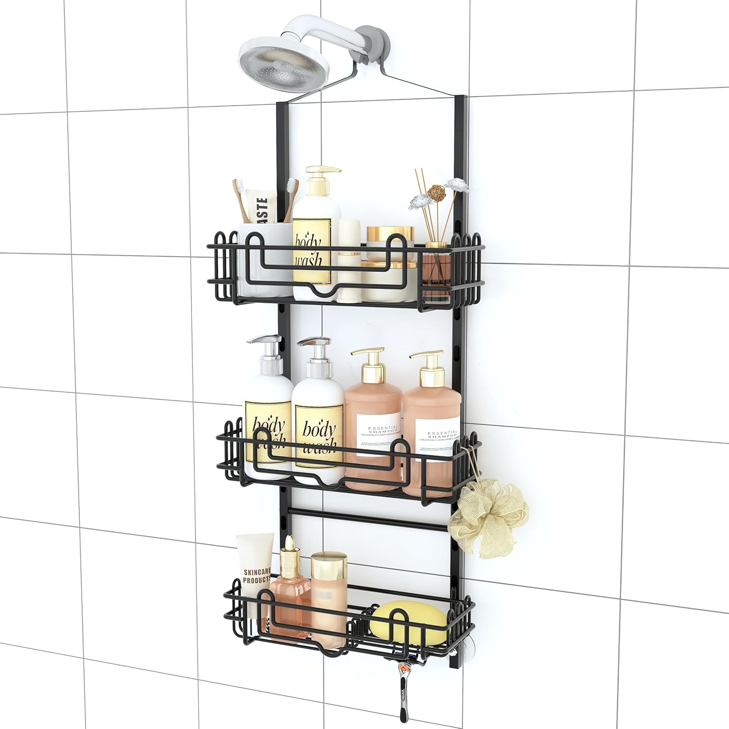 SWTYMIKI Shower Caddy - 3-Tier Rustproof Organizer with Adjustable Baskets & Hooks | No Drill, Black