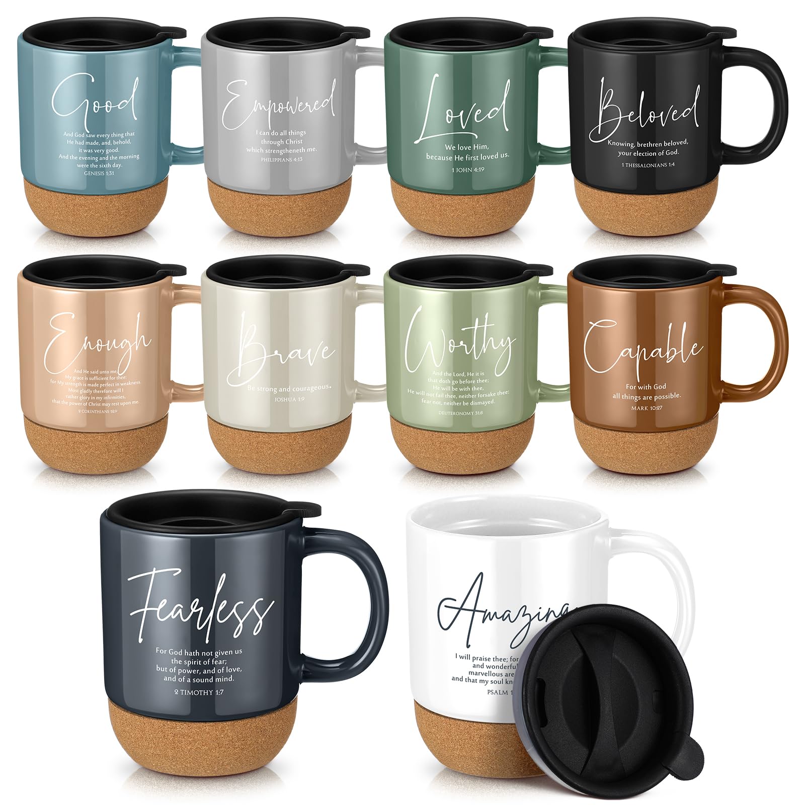 Didaey 10 Pcs Christian Coffee Mugs Mothers Day Gifts for Church Women Men Bulk 15 oz Bible Verses Religious Inspirational Cups with Cork Bottom for Study Group Coworker Sunday School Teacher Gifts