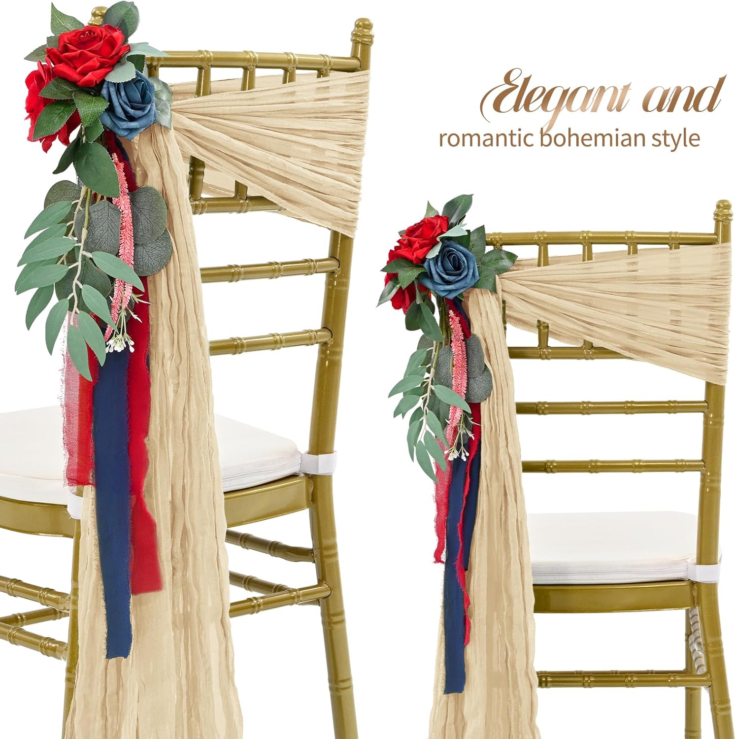 Skiennix 50 PCS Cheesecloth Chair Sashes - Elegant Wedding Aisle Decorations | Beige Ribbon Ties