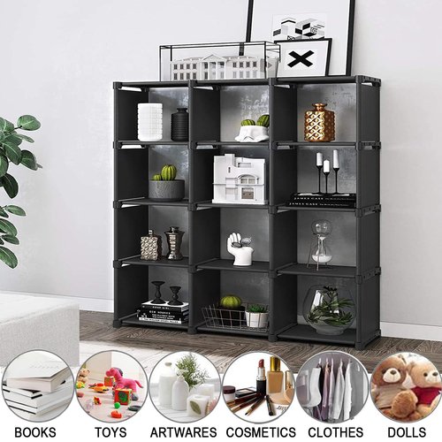 Aocoray 12 Cube Storage Organizer Book Shelves, DIY Open Stackable Bookshelf, Extra Large Plastic Bookcase Rack for Bedroom, Living Room, Home Office