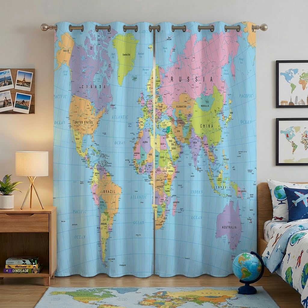 terxgrl World Map Blackout Curtains for Girls Boy Home Decor, Geography Educational Tourist Map Grommet Thermal Insulated Drapes Darkening Window Curtain for Bedroom Living Room, 42 x 45 Inch