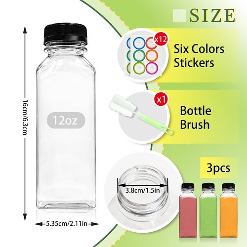 Slomg 3 Pcs 12oz Plastic Juice Bottles with Caps, Disposable Clear Juicing Containers with Brush and Labels, Reusable Empty Bulk Travel Water Bottles for Milk Tea Coffee Smoothie Drink Beverages