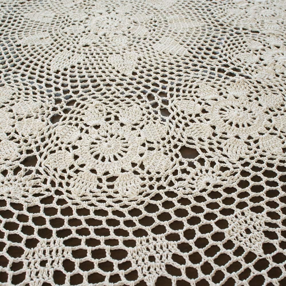 USTIDE Large Crochet Round Tablecloth Beige 90" Cotton Rustic Farmhouse Wedding Table Cloth Table Cover with Floral Lace Design, Handmade Decorative Overlay for Dining Room Kitchen