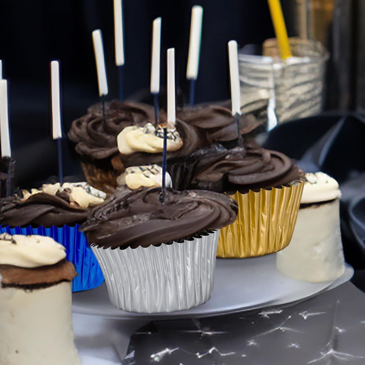 Whaline Graduation Cupcake Liners - 150Pcs Blue, Silver & Gold Foil Baking Cups for Party Celebrations